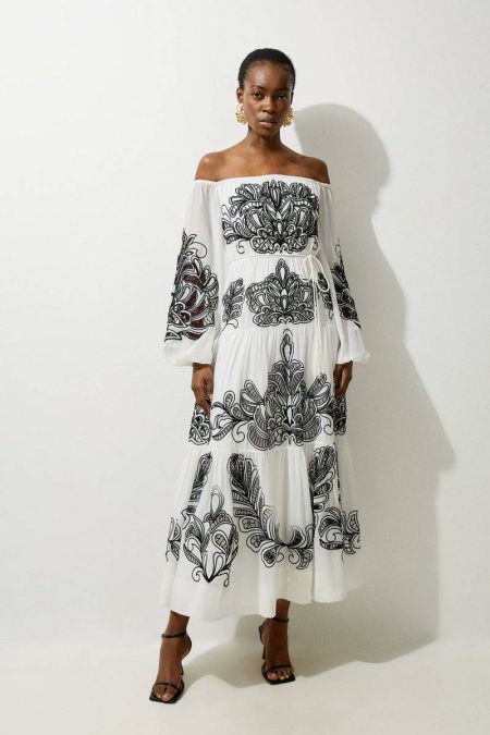 Women Petite Viscose Georgette Placed Cutwork Off The Shoulder Woven Maxi Dress Tailoring Mono Karen Millen
