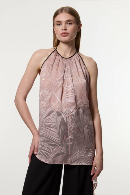 Women Pink Karen Millen Amelia Graham Petite Burnout Halter Neck Asymmetric Tunic Tops