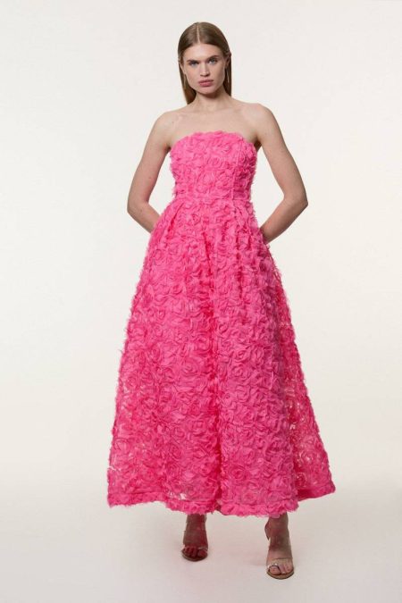 Women Pink Textured Rosette Prom Maxi Dress Formal Dresses Karen Millen