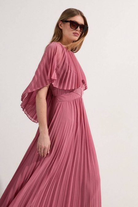 Women Pleated Cape Sleeve Low Back Maxi Dress Dusty Rose Karen Millen Maxi Dresses