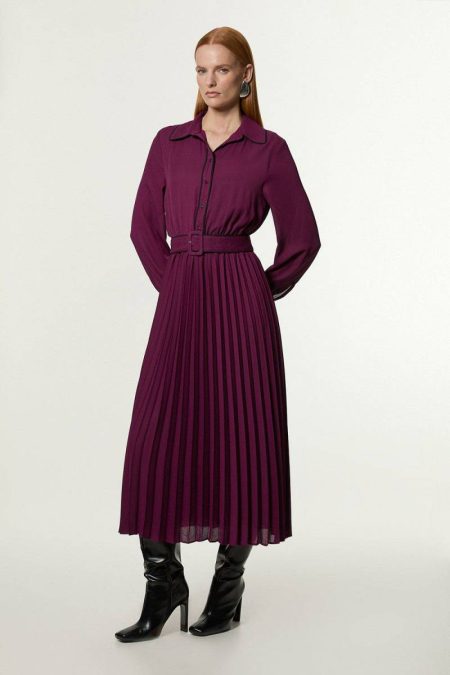 Women Plum Maxi Dresses Karen Millen Tall Georgette Pleated Woven Belted Midi Dress