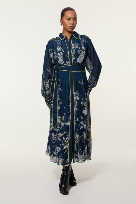 Women Plus Size Border Print Viscose Piped Woven Shirt Balloon Sleeve Maxi Dress Maxi Dresses Dark Navy Karen Millen
