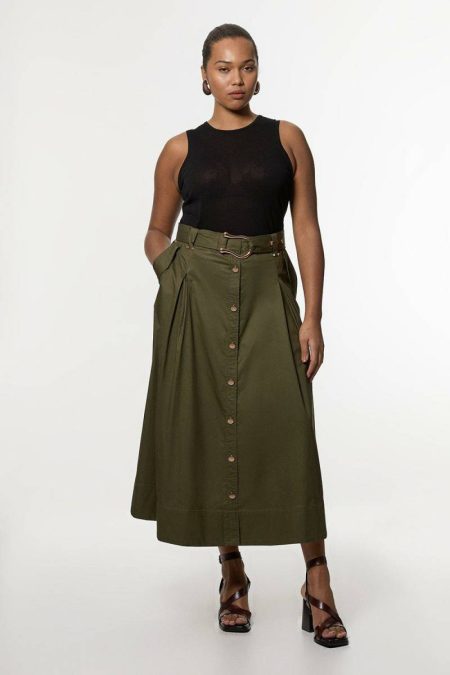 Women Plus Size Cotton Sateen Belt Detail Midi Skirt Karen Millen Khaki Skirts