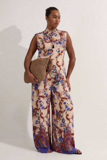 Women Plus Size Premium Viscose Linen Paisley Border Print Woven Jumpsuit Karen Millen Jumpsuits Multi