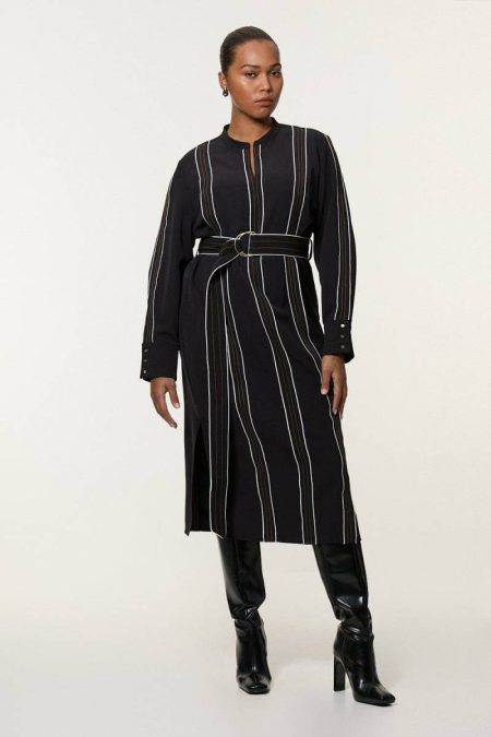 Women Plus Size Soft Tailored Contrast Tipped Belted Midaxi Dress Black Karen Millen Tailoring