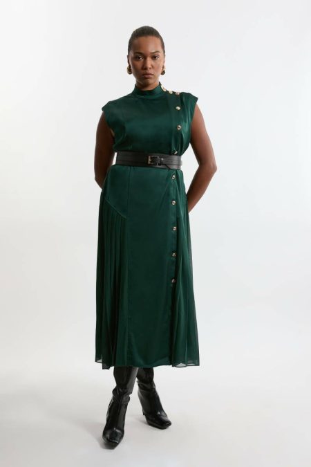 Women Plus Size Top Stitch Satin Georgette Strong Shoulder Midi Dress Forest Karen Millen Tailoring