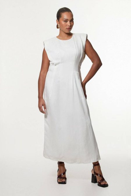Women Plus Size Viscose Linen Woven Pintuck Midi Dress Karen Millen White Midi Dresses