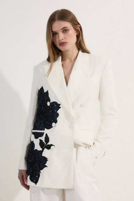 Women Premium Summer Embellished Applique Tailored Jacket Tailoring Karen Millen Stone
