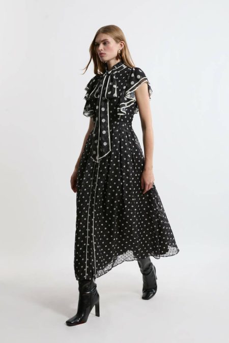 Women Printed Dobby Ruffle Midi Dress Mono Midi Dresses Karen Millen