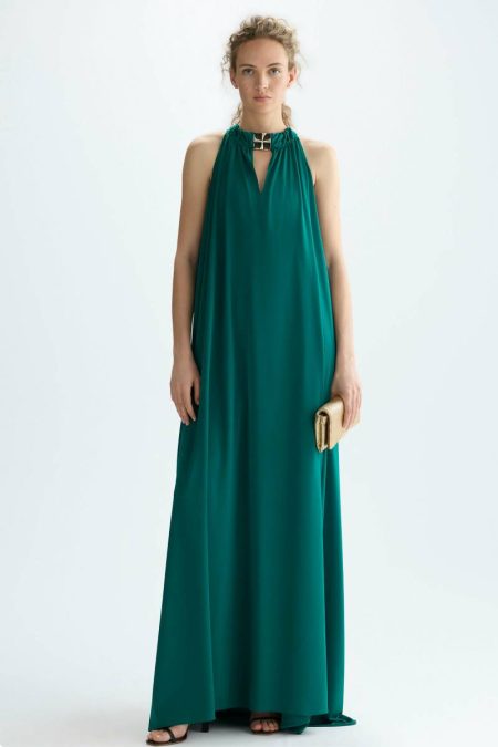 Women Purificacion Garci Cubiflor Satin Knit Long Halter Dress Dresses Emerald Green