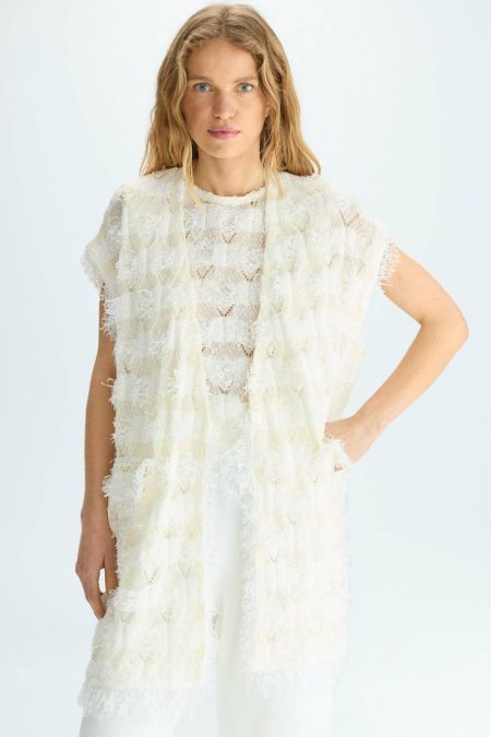 Women Purificacion Garci Evening Fringed Pointelle Knit Paper Thread Oversize Gilet Ecru