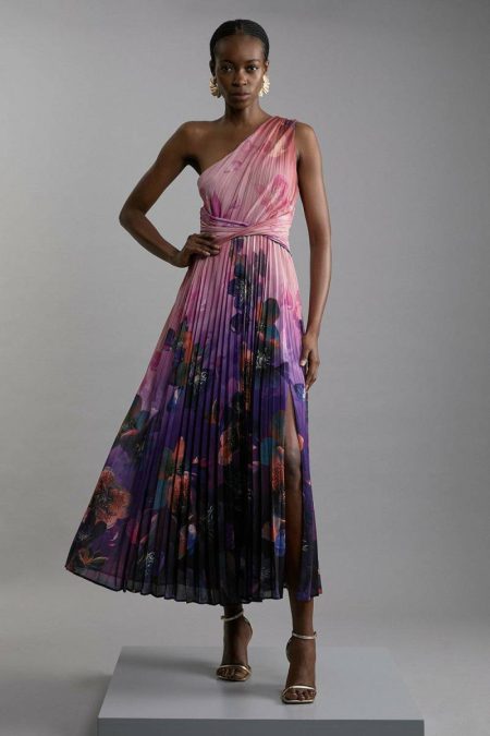 Women Purple Tailoring Karen Millen Ombre Floral Soft Pleated One Shoulder Maxi Dress