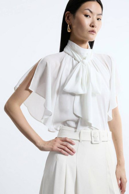 Women Pussy Bow Tie Woven Georgette Blouse Tops Karen Millen Ivory
