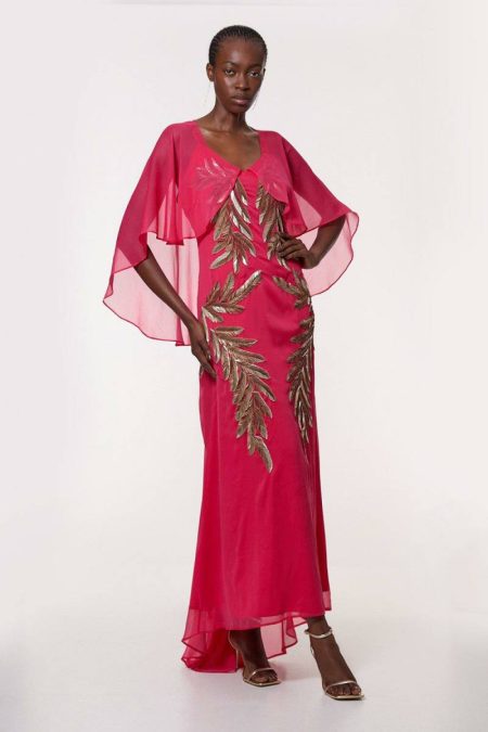 Women Raspberry Karen Millen Tall Feather Embellished Woven Cape Sleeve Maxi Dress Maxi Dresses