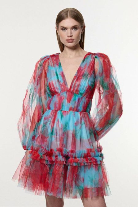 Women Red Floral Tulle Balloon Sleeve Plunge Woven Mini Dress Karen Millen Mini Dresses