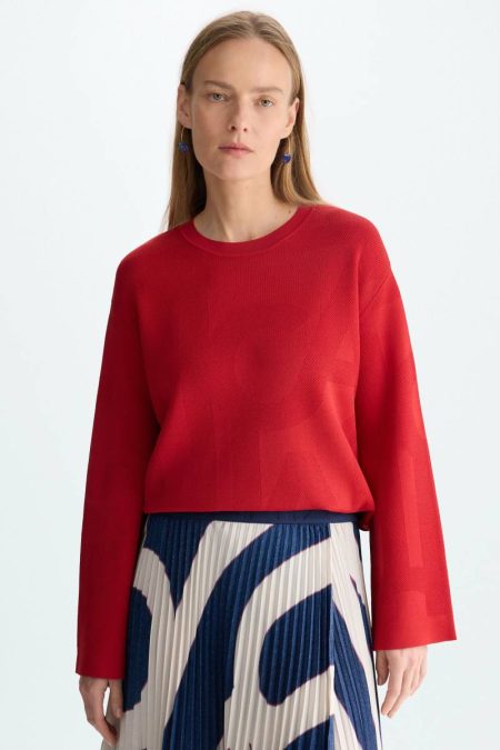 Women Red Pg Lines Stretch-Knit Straight-Fit Sweater Knitwear Purificacion Garci