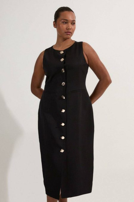 Women Red Plus Size Viscose Linen Tailored Statement Button Front Pencil Midi Dress Midi Dresses Karen Millen