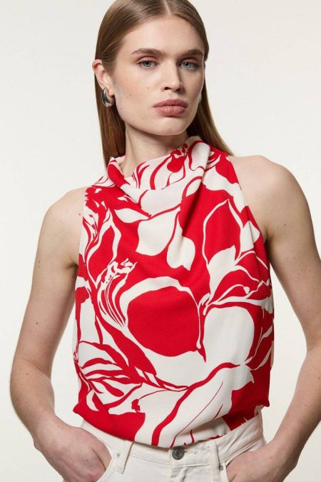 Women Red Tailoring Halter Neck Georgette Woven Top With Cowl Neck Detail Karen Millen