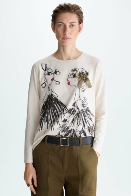 Women Sand T-Shirts And Tops Purificacion Garci Sequinned Bow Drawing Jersey Straight-Fit T-Shirt