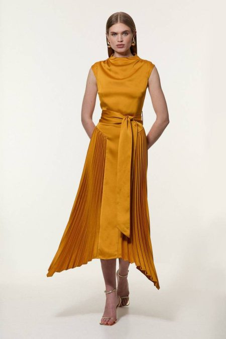 Women Satin Back Crepe Pleat Woven Midi Dress Marigold Karen Millen Maxi Dresses