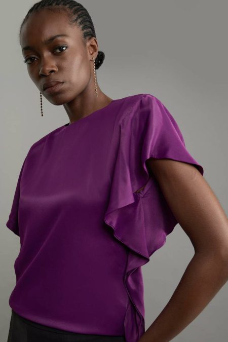 Women Satin Draped Sleeve Woven Top Karen Millen Purple Tailoring