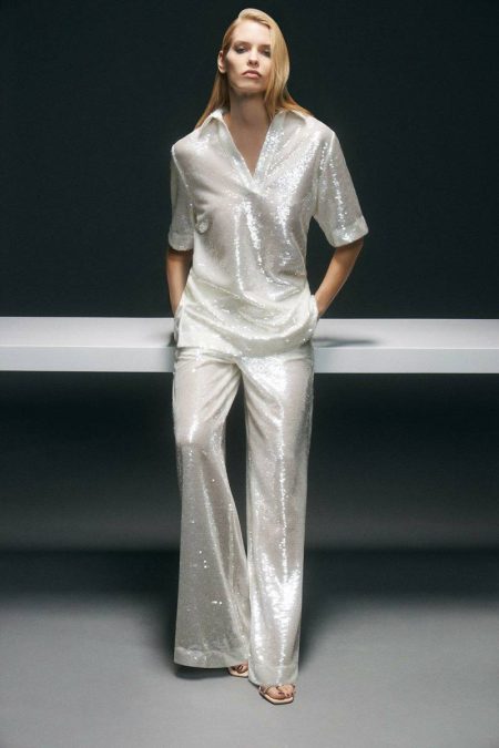 Women Sequin Collard Woven Tunic Karen Millen Tailoring Silver