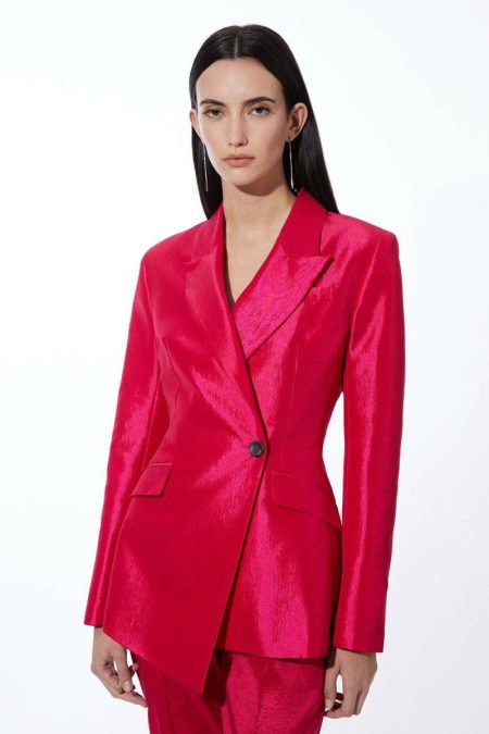 Women Silver Grey Tailoring Karen Millen Fluid Tailored Metallic Asymmetric Wrap Blazer
