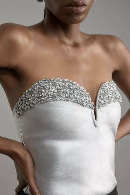 Women Silver Karen Millen Figure Form Foiled Bandage Crystal Embellished Corset Top Tailoring