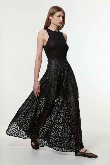 Women Skirts Karen Millen Black Polka Dot Devoure Front Split Maxi Prom Skirt