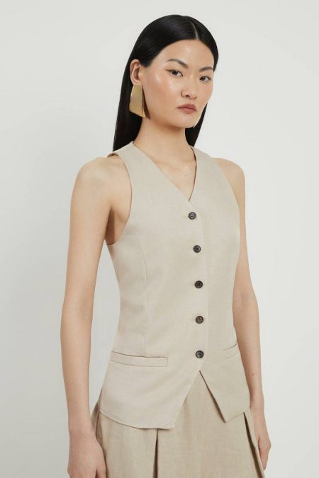 Women Stone Karen Millen Tailoring Premium Linen Button Through Tailored Top