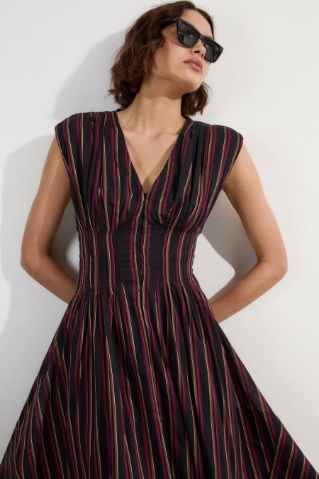 Women Stripe Maxi Dresses Karen Millen Premium Cotton Full Skirted Tailored Maxi Dress