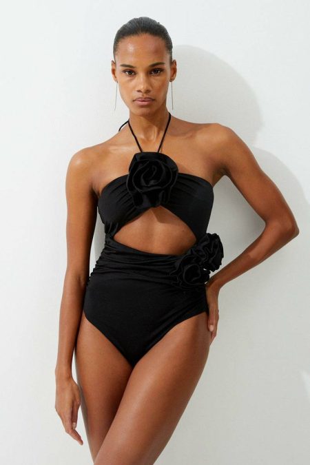 Women Swimwear Karen Millen Cream Rosette Cut Out Detail Swimsuit