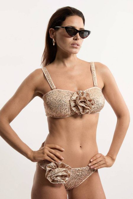 Women Swimwear Karen Millen Sequin Cut Out Rosette Bikini Top Gold