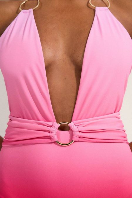 Women Swimwear Ring Detail Ombre Plunge Swimsuit Pink Karen Millen