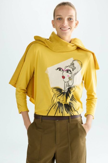 Women T-Shirts And Tops Purificacion Garci Yellow Glitter Drawing Jersey Straight-Fit T-Shirt