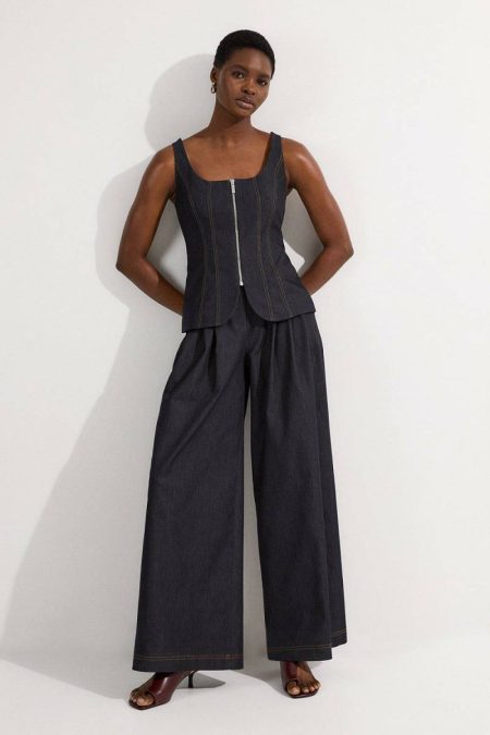 Women Tailored Denim Peplum Wide Leg Jumpsuit Indigo Tailoring Karen Millen