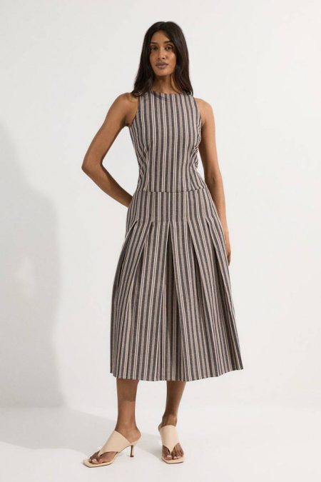 Women Tailored Stripe Linen Sleeveless Full Skirt Midi Dress Black Midi Dresses Karen Millen