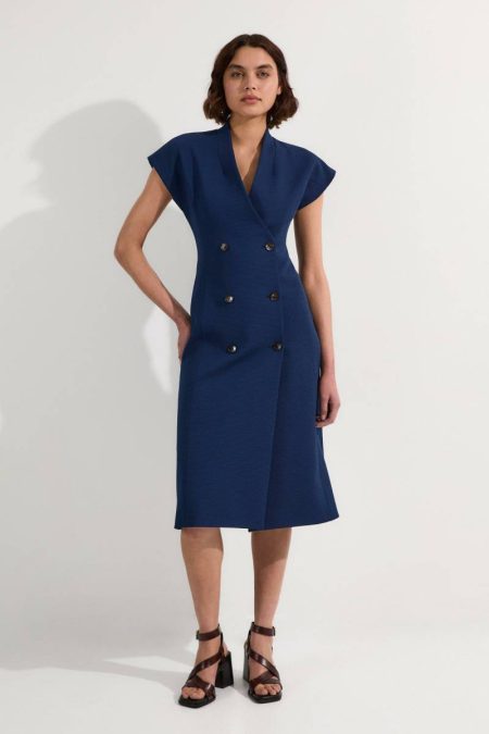 Women Tailored Textured Double Breasted Midi Dress Midi Dresses Karen Millen Navy