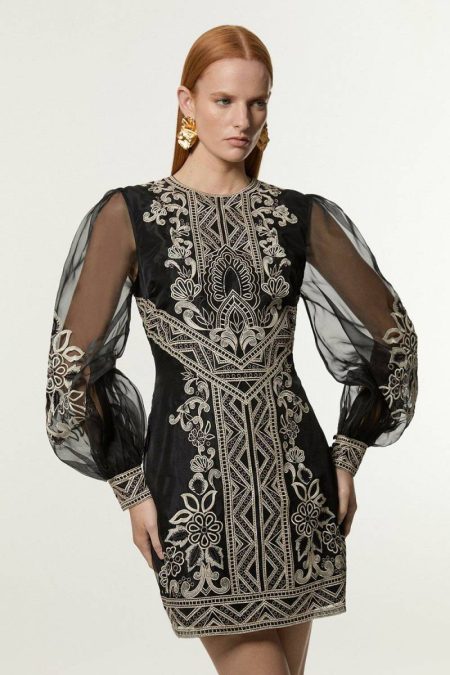 Women Tailoring Black Embroidered Organdie Balloon Woven Mini Dress Karen Millen