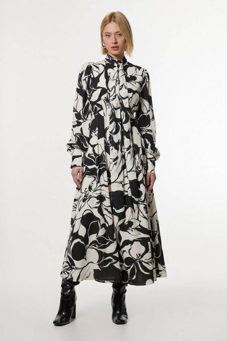 Women Tailoring Black Printed Tie Neck Woven Maxi Dress Karen Millen
