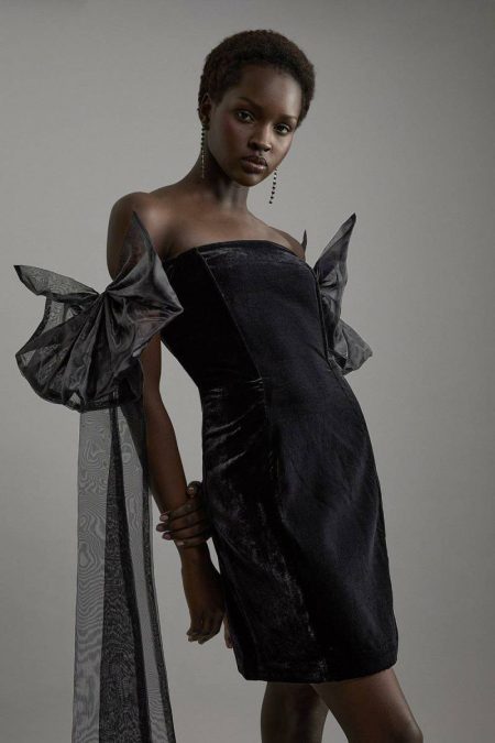 Women Tailoring Black Velvet Off The Shoulder Woven Mini Dress With Taffeta Sleeve Detail Karen Millen