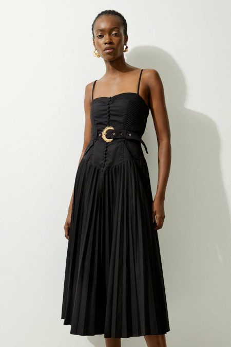 Women Tailoring Button Detail Strappy Woven Midi Dress Karen Millen Stone