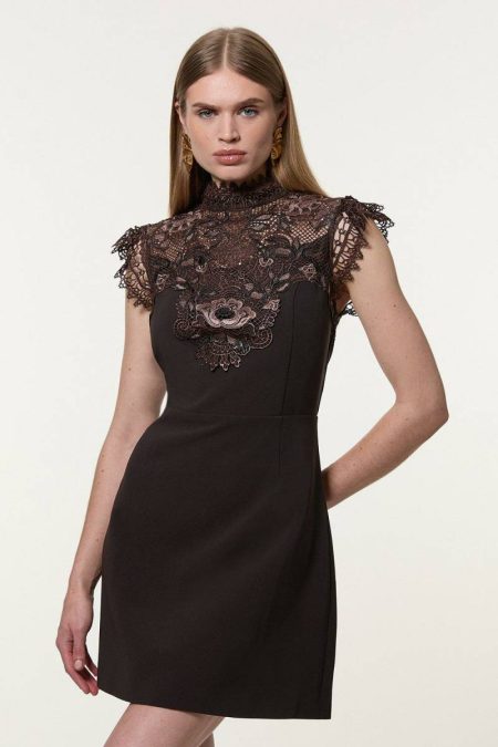Women Tailoring Chocolate Karen Millen Guipure Lace Woven Mini Dress