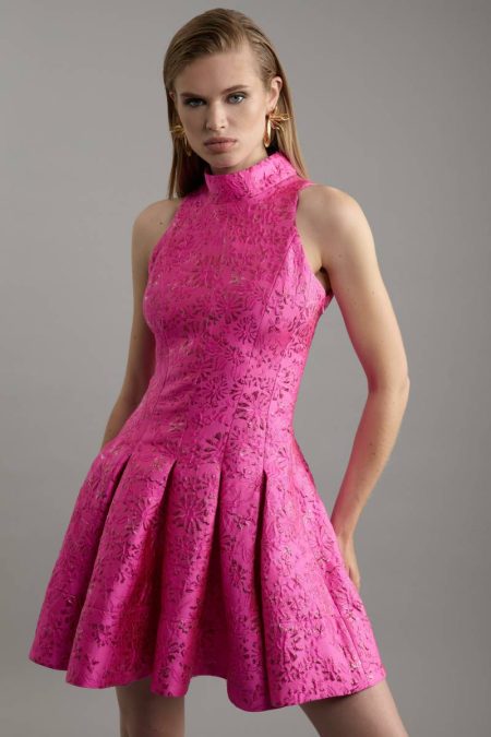 Women Tailoring Floral Jacquard Halter Full Skirt Tailored Mini Dress Pink Karen Millen