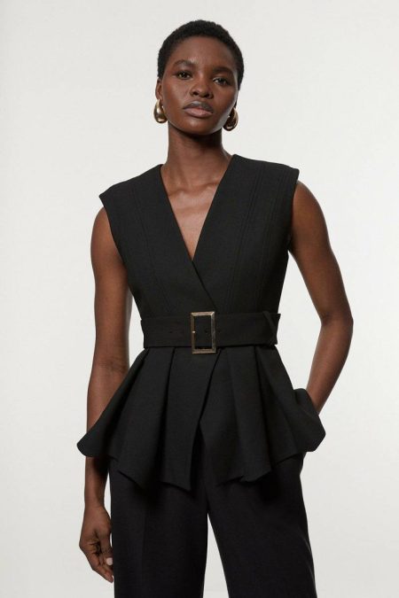 Women Tailoring Ivory Karen Millen Compact Stretch Belted Peplum Sleeveless Tailored Jacket