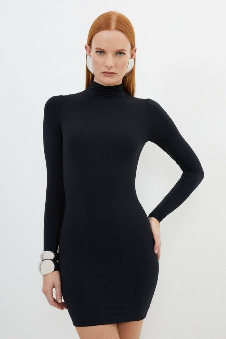 Women Tailoring Karen Millen Contour Jersey High Neck Long Sleeve Mini Dress Taupe
