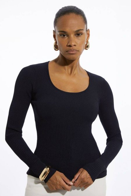 Women Tailoring Karen Millen Drapey Ribbed Knit Scoop Neck Top Red