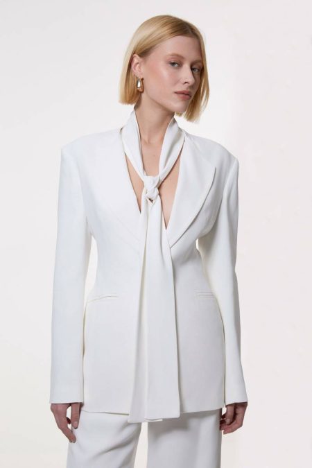 Women Tailoring Karen Millen Ivory Compact Stretch Viscose Tie Neck Tailored Blazer
