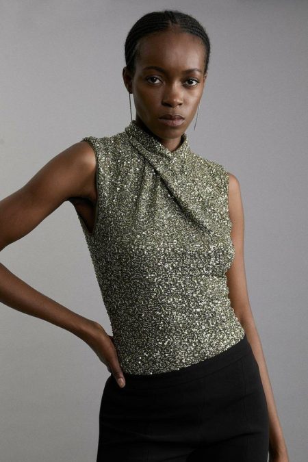 Women Tailoring Karen Millen Khaki Sequin Twist Front Sleeveless Top
