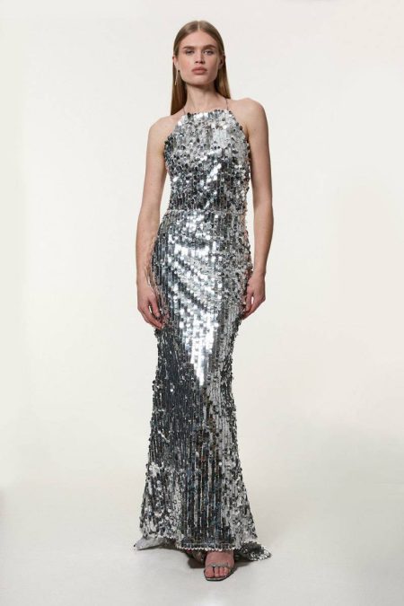 Women Tailoring Karen Millen Petite Sequin Fishtail Halterneck Maxi Silver